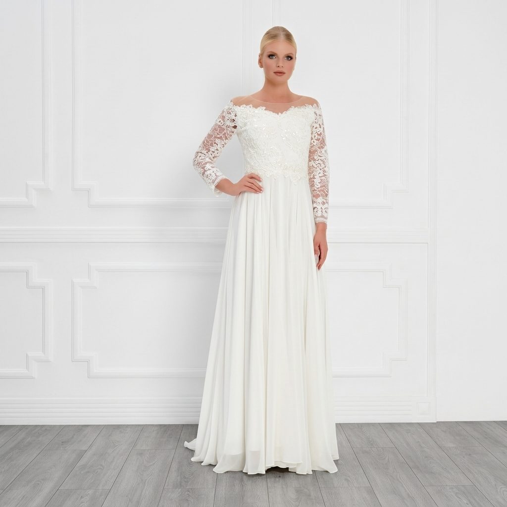 A-Linien Brautkleid mit Illusions-Ausschnitt und Spitzenärmeln